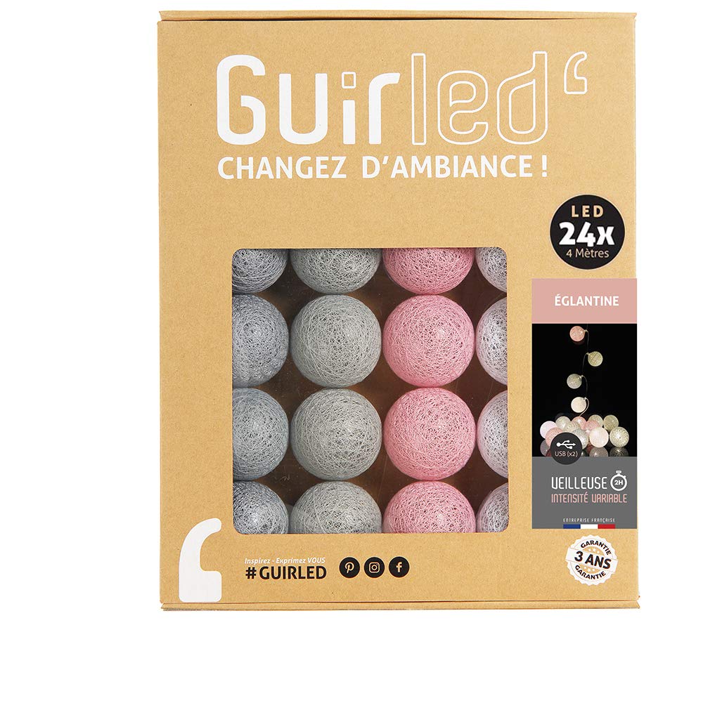 GuirLED - Guirnalda luminosa bolas de algodón LED USB- Luz de noche para bebé 2h - Adaptador de corriente dual USB 2A incluido - 3 intensidades - 24 bolas 2,4m - Eglantine