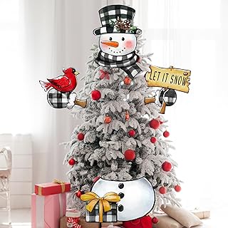 Auirre Winter Snowman Cardinal Christmas Tree Topper Head Arms and Legs, Let It Snow Sign Red Bird Xmas Gift Decorative Tree Ornaments Decor, Buffalo Plaid Check Indoor Home Decorations Party Supplies