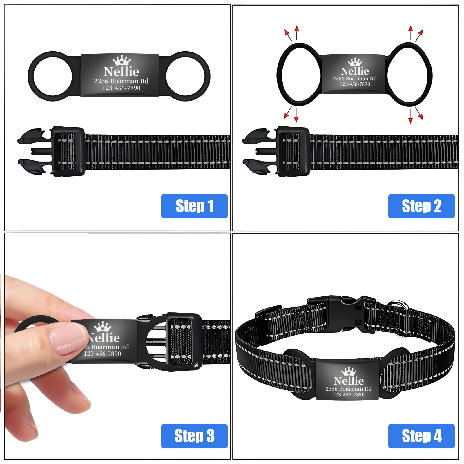 Leise Hundemarke mit Gravur, Personalisiertes Namensschild für Hunde/Katzen, Rutschfester Silikonring & Edelstahl in 7 Farben, Größe S/M/L