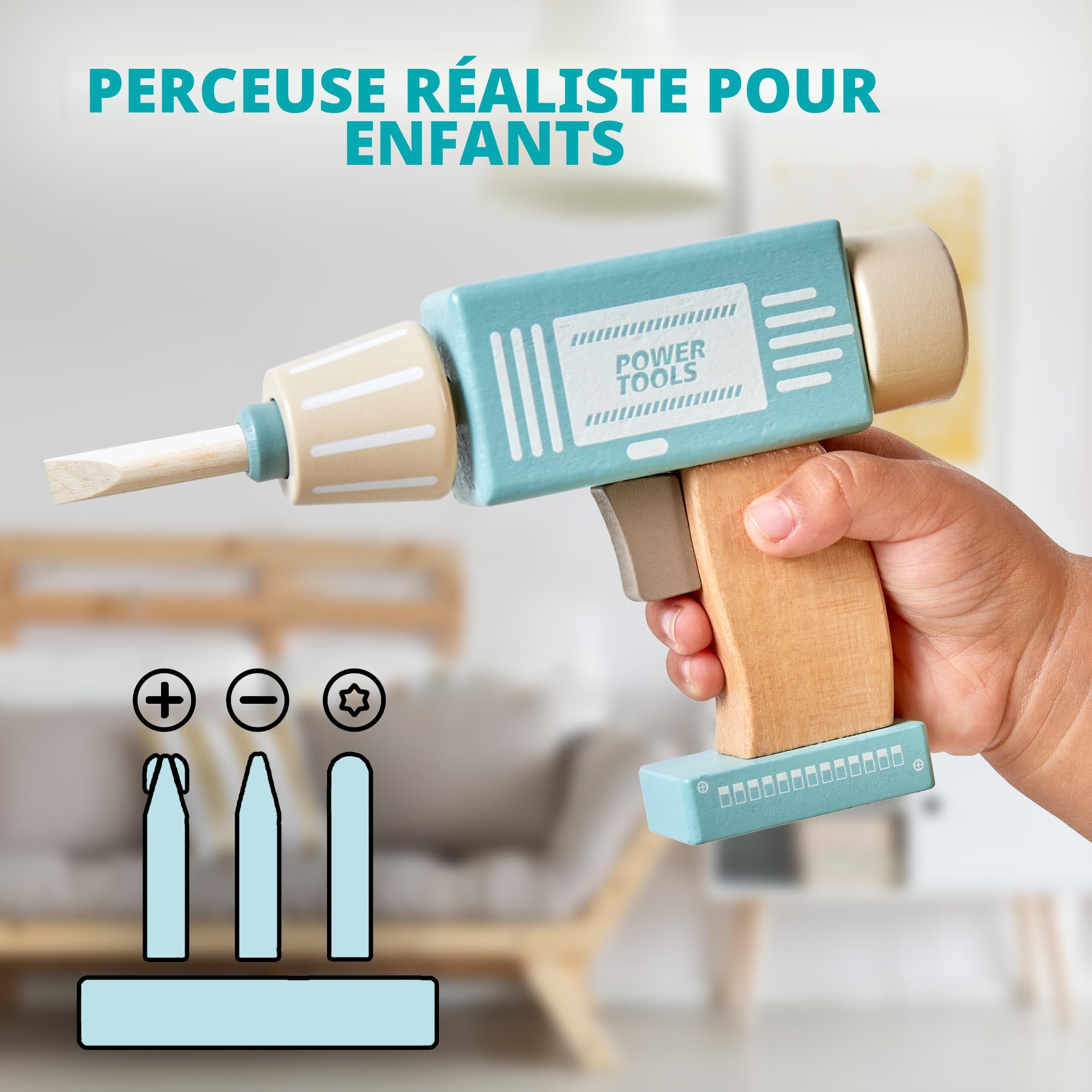 Banc à Outils pour Enfants en Bois avec Ceinture, Établi de Travail pour Tout-Petits, Ensemble de Construction, Jouet en Bois, Cadeau