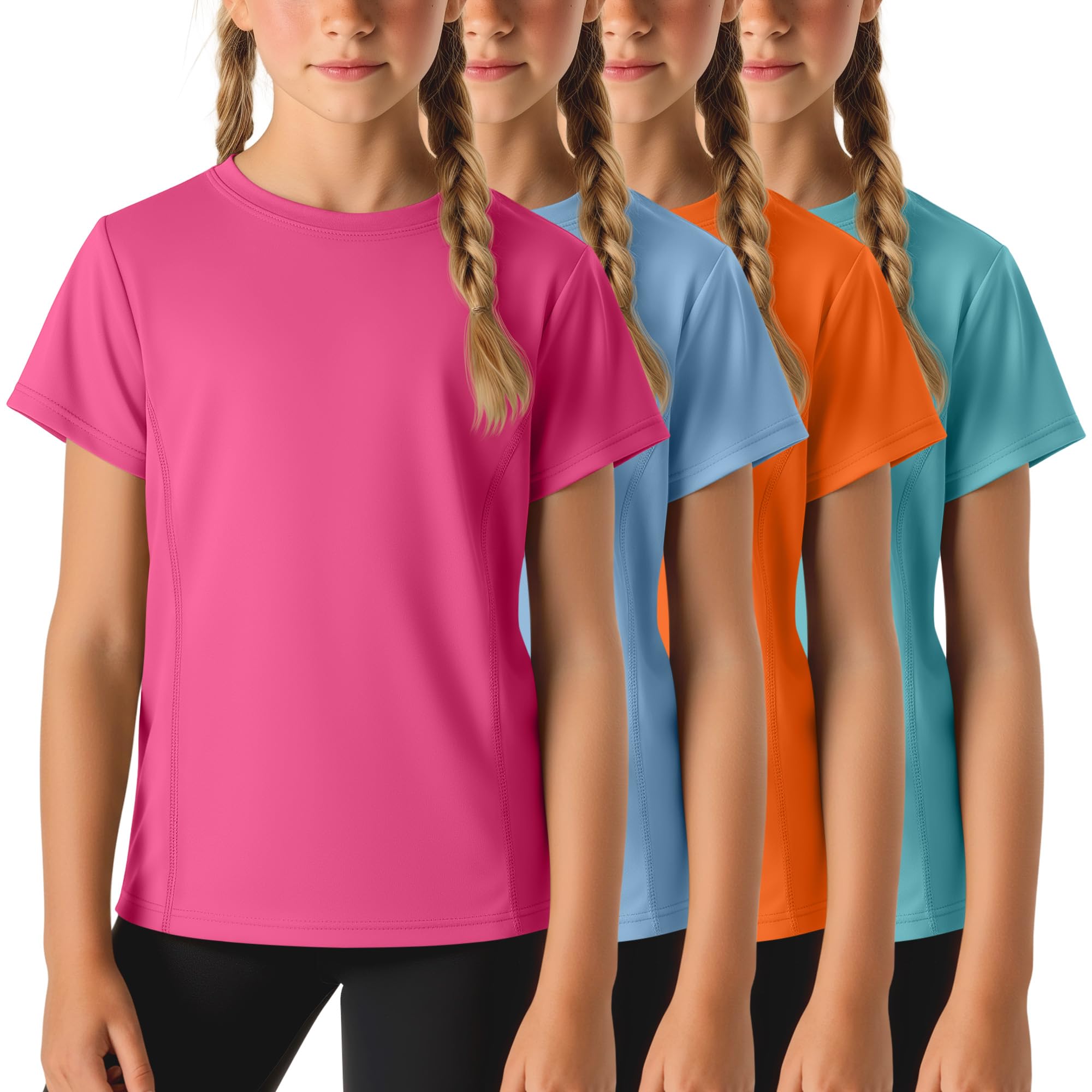 - 4 Pack Girls' Athletic Shirts Short Sleeve Quick Dry Active T-Shirt Summer Crew Neck Sports Activewear Top for Kids