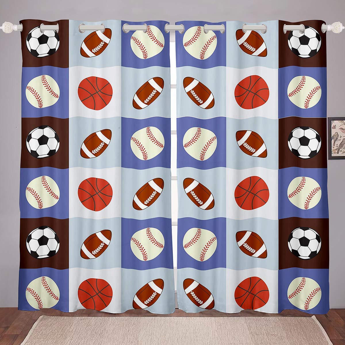 Loussiesd Sports Curtains for Bedroom Living Kids Toddler Boys Baseball Football Basketball Rugby Room Curtain Ball Games Lattice Window Drapes (Plaid,Grid,Check) W46*L54 โ image 1