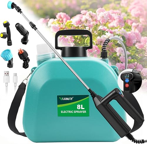Battery Powered Sprayer 2 Gallon, 2026 Upgrade Electric Sprayer with 3 Adjustable Speed, Battery Indicator, 4 Mist Nozzles, Rechargeable Retractable Wand with Adjustable Shoulder Strap for Lawn Garden