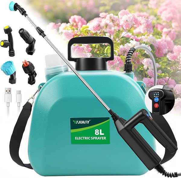 Battery Powered Sprayer 2 Gallon, 2025 Upgrade Electric Sprayer with 3 Adjustable Speed, Battery Indicator, 4 Mist Nozzl