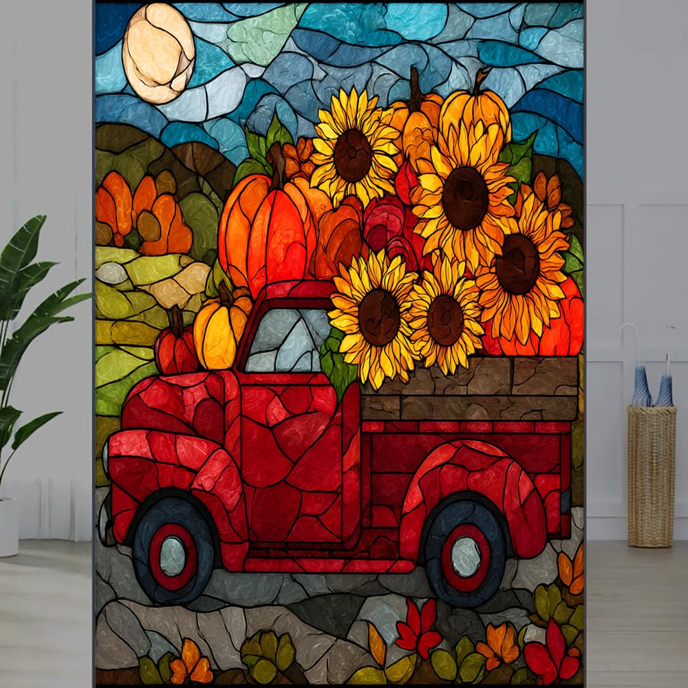 FOCCAFB Moonlit Fall Scenery Stained Glass Window Film, Retro Truck Sunflowers Pumpkins Peel and Stick Privacy Film, Frosted Adhesive Vinyl Decorative Bathroom Windows Glass Doors, （55x120cm）