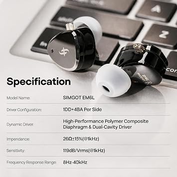 Linsoul SIMGOT EM6L 1DD + 4BA Hibrit Sürücülü Kulak İçi Monitör, Oyun Kulaklığı, 3D Baskılı Reçine Muhafazalı HiFi IEM Kulaklık, Çıkarılabilir OFC Gümüş Kaplama Kablo (Siyah, SIMGOT EM6L)