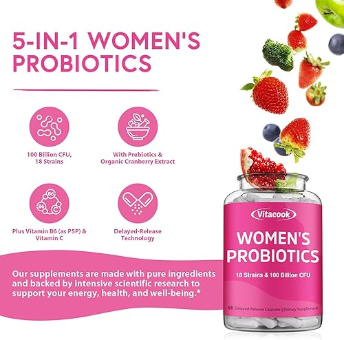 Miniatura 5 de Probióticos para mujeres, 100 mil millones de UFC, 18 cepas, prebióticos, arándano, VB6 y VC, estado de ánimo, salud del tracto vaginal y urinario,