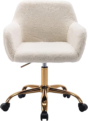 Miniatura 4 de Goujxcy Silla de escritorio moderna de piel sintética, elegante silla de oficina blanca peluda para mujeres y niñas, silla giratoria de altura