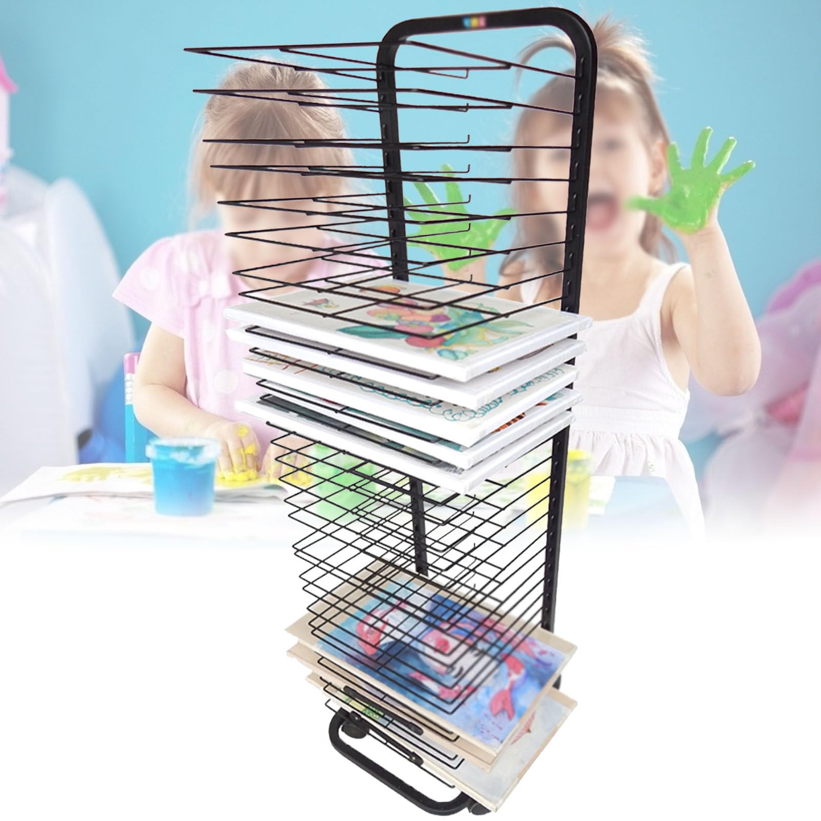Aioneer Art Drying Rack for Classroom, Kids Painting Drying Rack with Wheels, Steel Drying Painting Racks, A3 Painting Cardboard Painting Drying Rack for Home Studio,15Layers