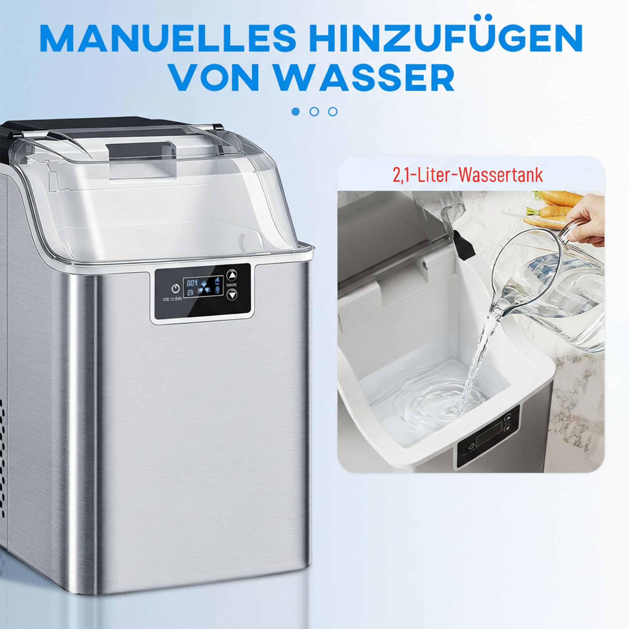 HOMCOM Eiswürfelmaschine Edelstahl Ice Maker 20kg/24h Eiswürfeln | 2,1L Wassertank, 24 Nugget pro Durchgang, Selbstreinigender Eiswürfelbereiter, Eisschaufel und Korb, Für Küche Büro Party