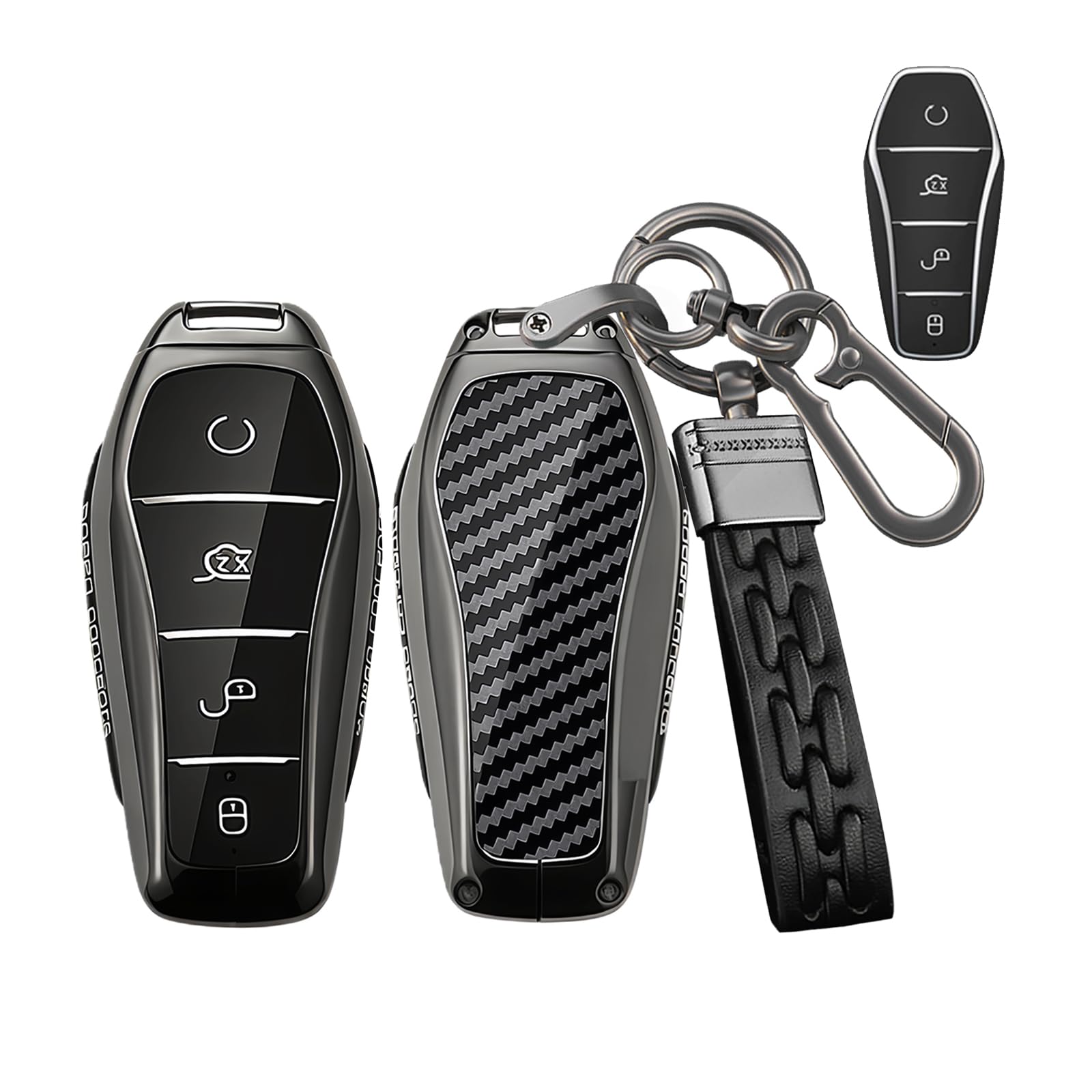 Rondrive Metal Key fob Cover fit for BYD Sealion 7 6 ATTO 1 2 3 Shark 6 Dolphin Surf Seagull Seal U DM-i SUV Carbon Pattern Car key case holder shell key chain Keyring Accessories 4 buttons Black 4