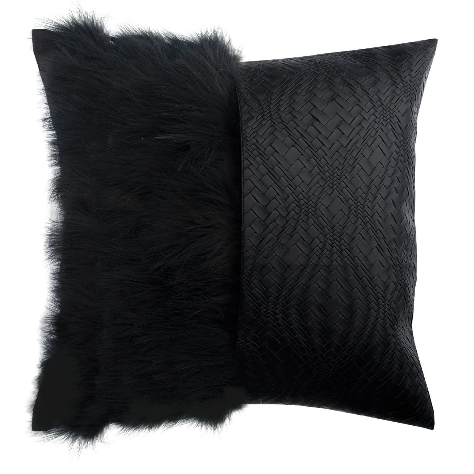 The HomeCentric Decorative Black Pack of 2, 40x40 cm (16"x16") Cushion Cover, Faux Leather & Feather Textured, Patchwork Throw Cushion Cover For Sofa, Solid Color Pattern Modern Style - Furry World โ image 1