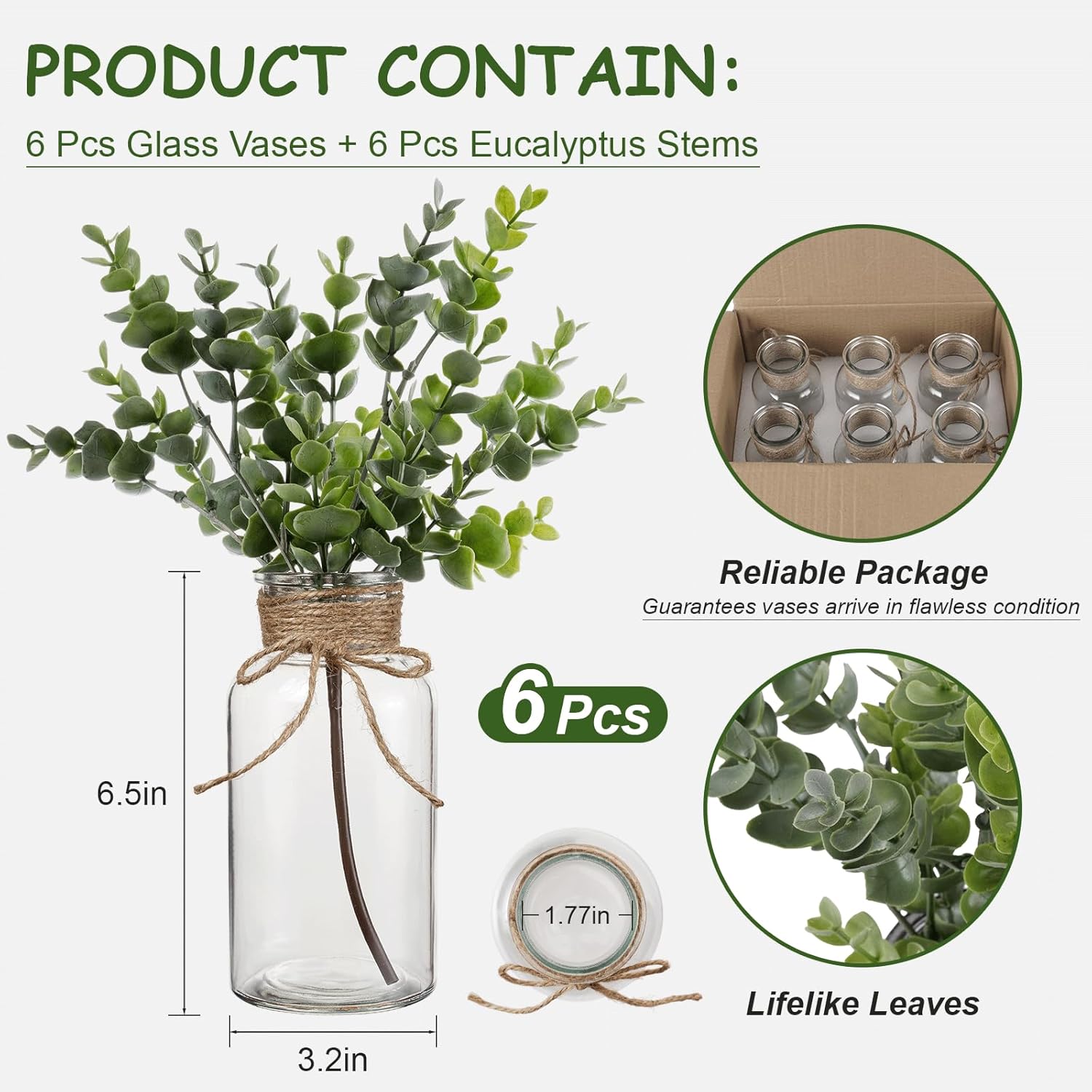 6pcs Glass Vase Set with Artificial Eucalyptus Leaves Stems, Vintage Clear Flower Vases for Centerpiece Table Decorations Farmhouse Wedding, Cylinder Vase for Home Decor Party Bathroom Office Shelf