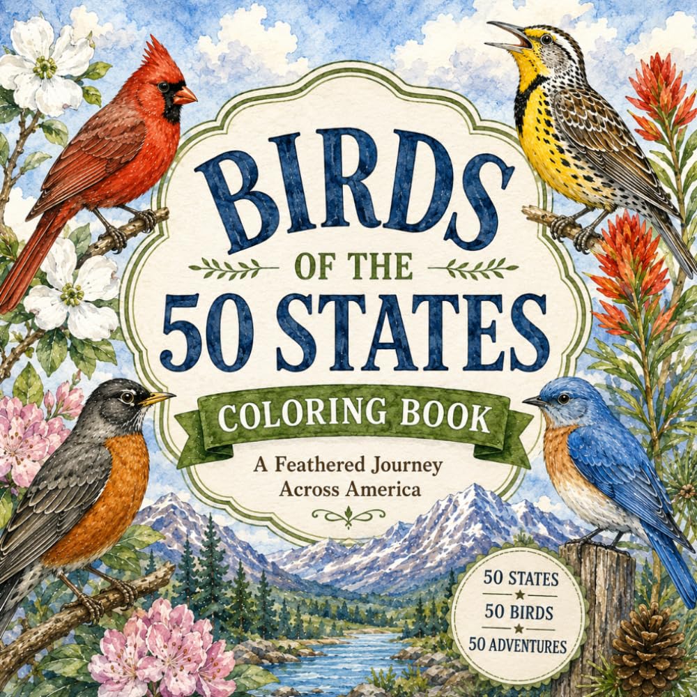 Birds of the 50 States Coloring Book: Color America's Official State Birds with Scenic Landscapes, State Flowers, and Beautiful Nature Scenes