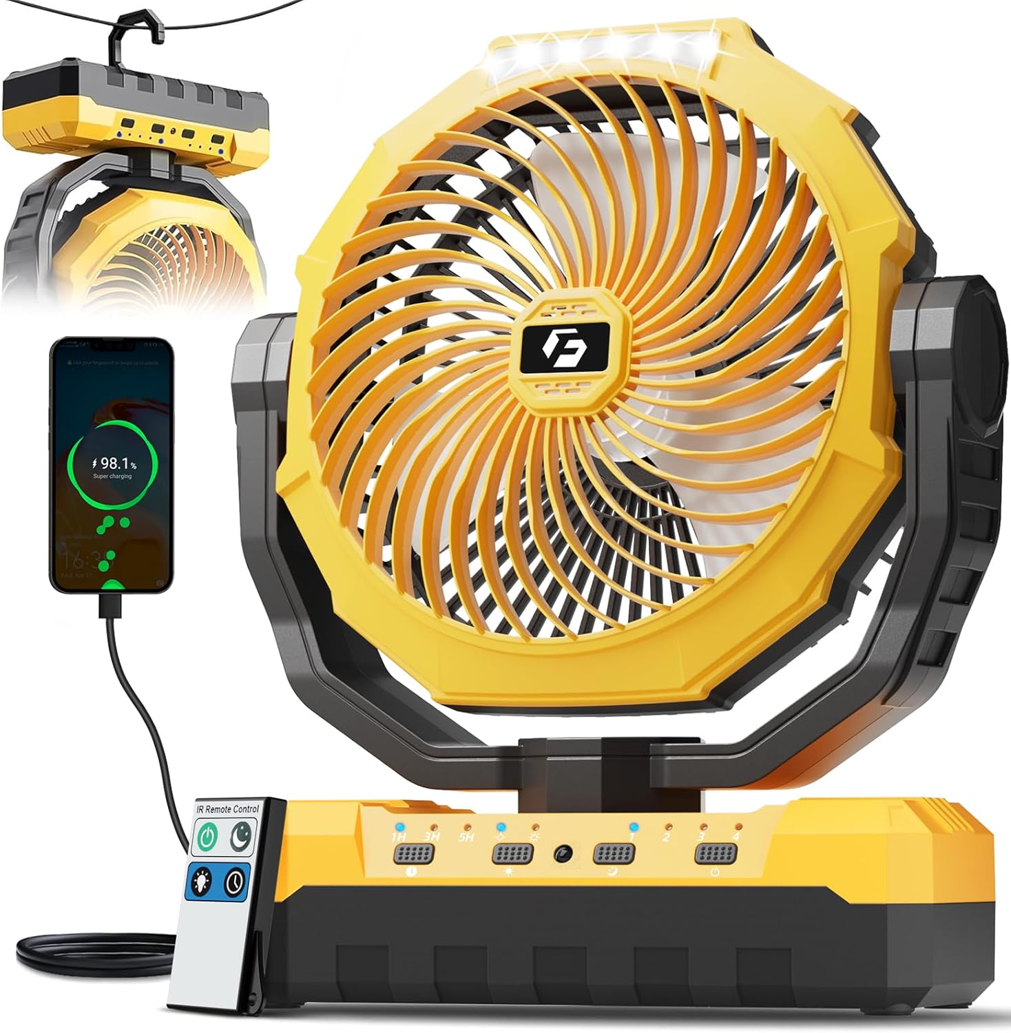 FRIZCOL 3-in-1 Camping Fan - Portable Fans Rechargeable - 24000mAh Battery Powered Fan(140Hrs) with Light & Remote for Indoor, Outdoor, Tent, Travel, BBQ, Fishing, Jobsite - Yellow 24000mAh Internal Yellow