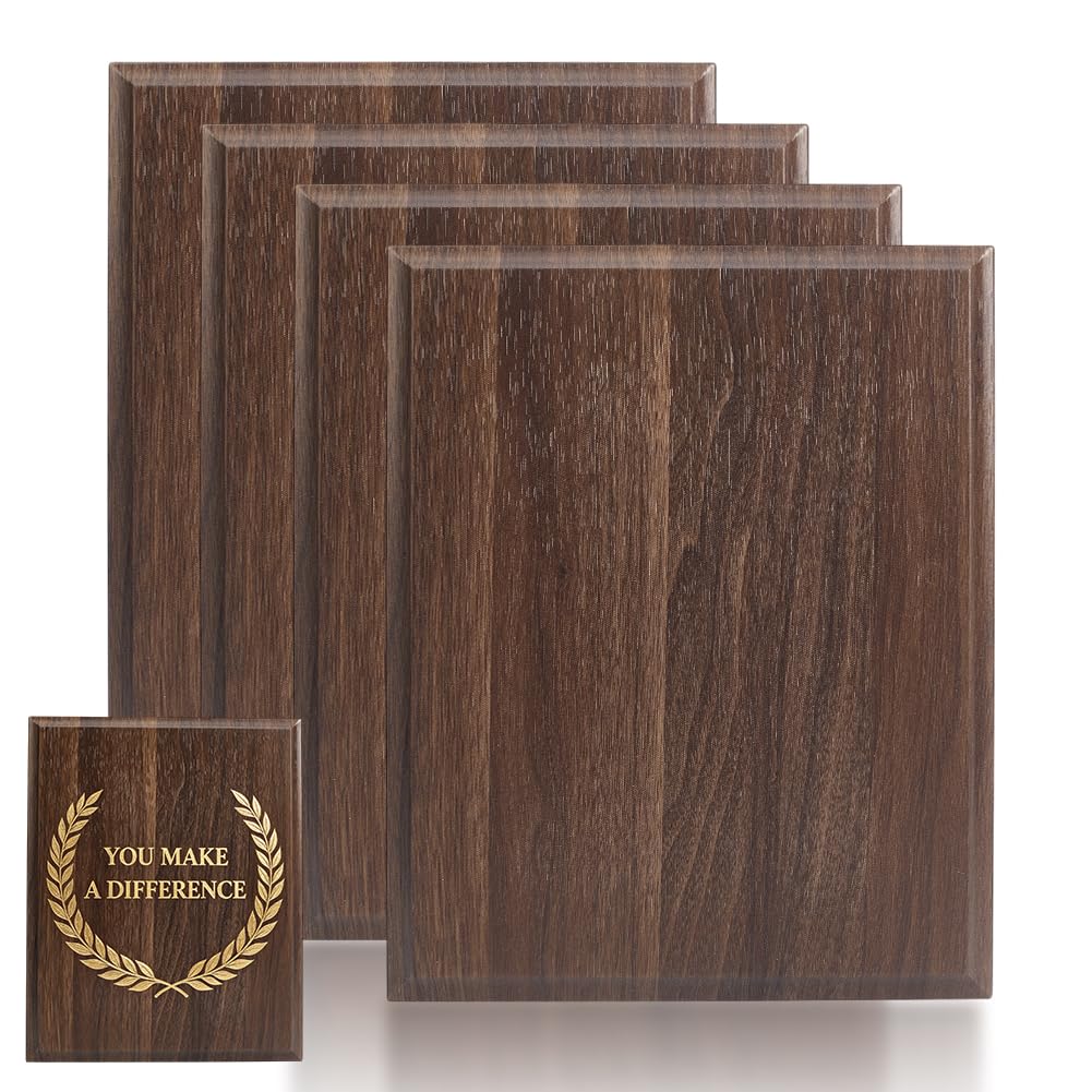AHANDMAKER 4Pcs DIY Blank Award Plaque, Straight Edge Rectangle Medal Display Base Engravable MDF Plaque Blank for Sports Achievements Trophy Gifts DIY Crafts Home Decor, 9.72x7.8 Inch, Saddle Brown
