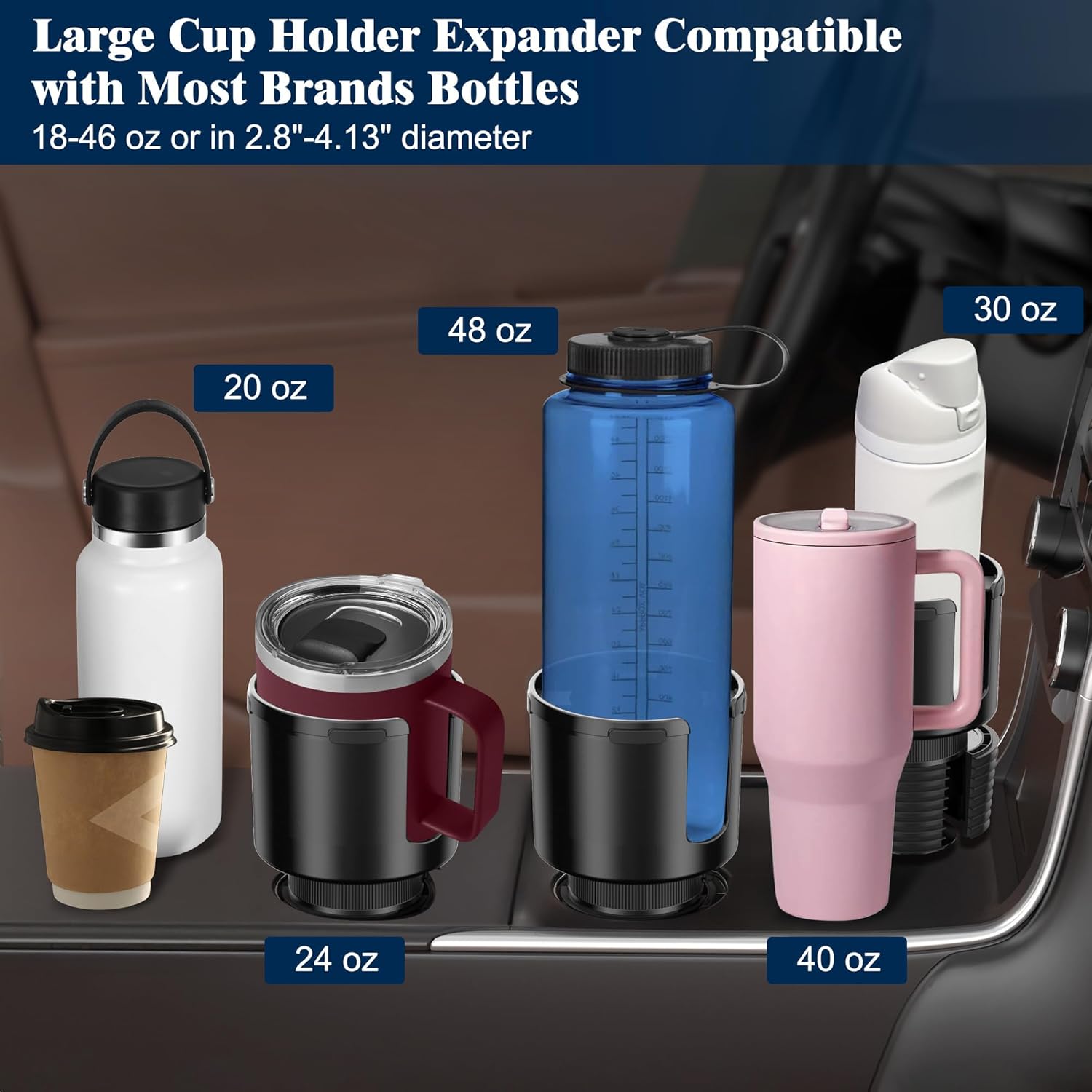 Car Cup Holder Expander, Cup Holder Expander for Car with Stretchable Rubber Base, Large Cup Holder Adapter Compatible with Yeti, Hydro Flask, Nalgene, Stanley, Owala, Bottles in 2.8”-4.13”, 2 Pack