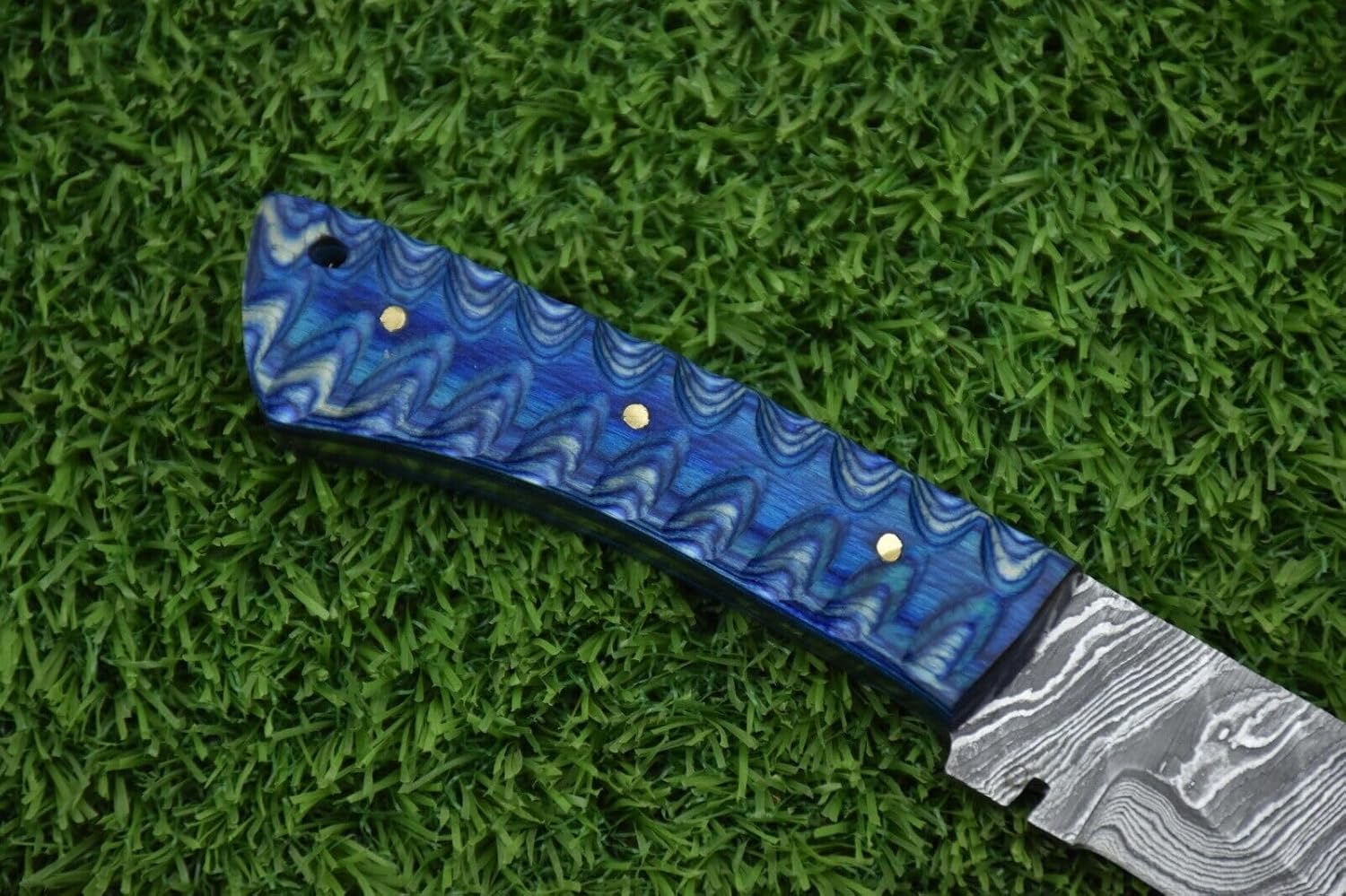 Generic Damascus steel skinning knife with Leather sheath, 8.5"" long with 4"" long straight back blade, Blue color wood scale jigged with sturls and lace hole