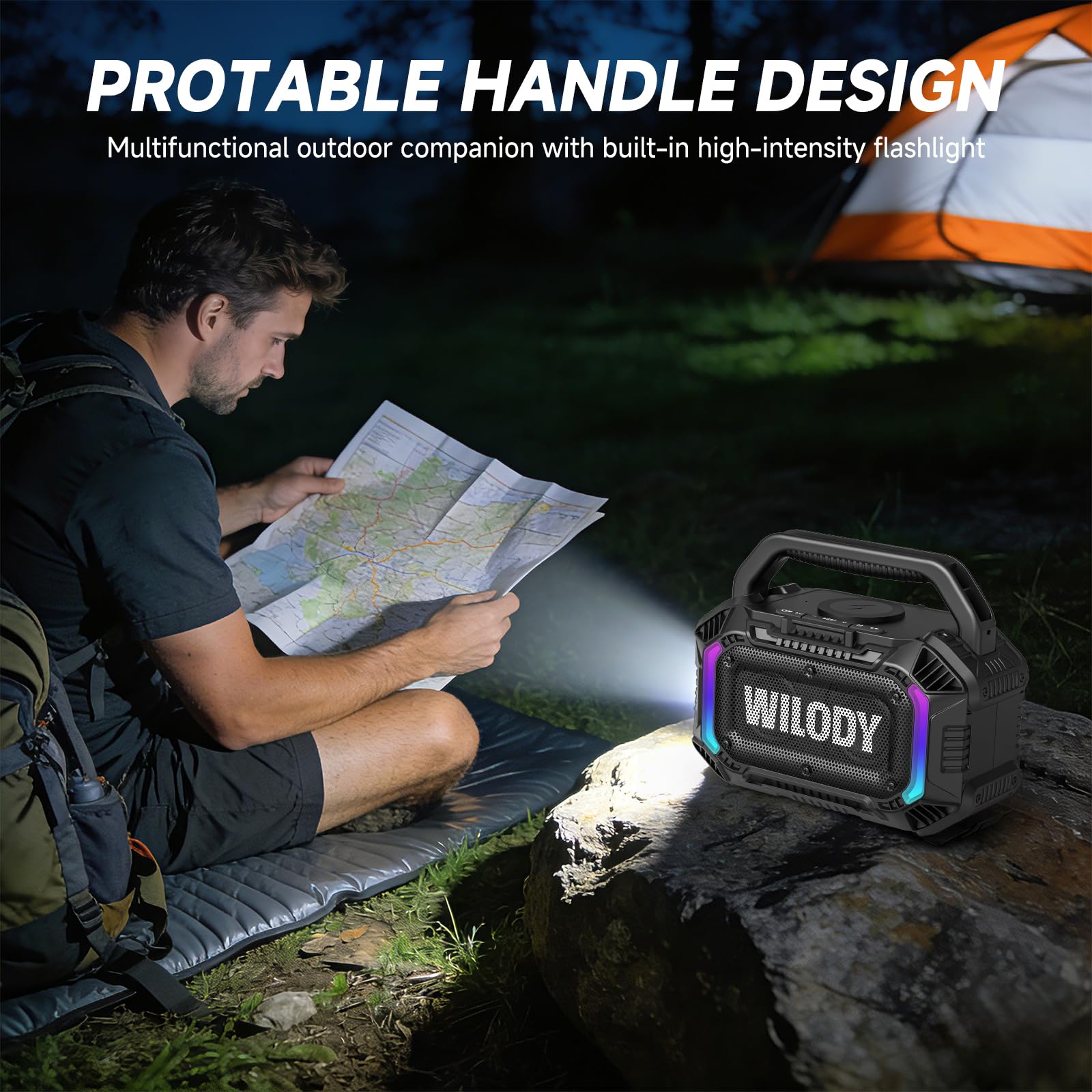 Wilody Bluetooth Lautsprecher Groß,100W Outdoor Tragbarer Lautsprecher with Bass,Musikbox Soundbox Bluetooth IPX7 Wasserdicht & Schwimmt,Drahtloses Laden,20h Akku,LED-Licht,Type-C,BT,Schwarz