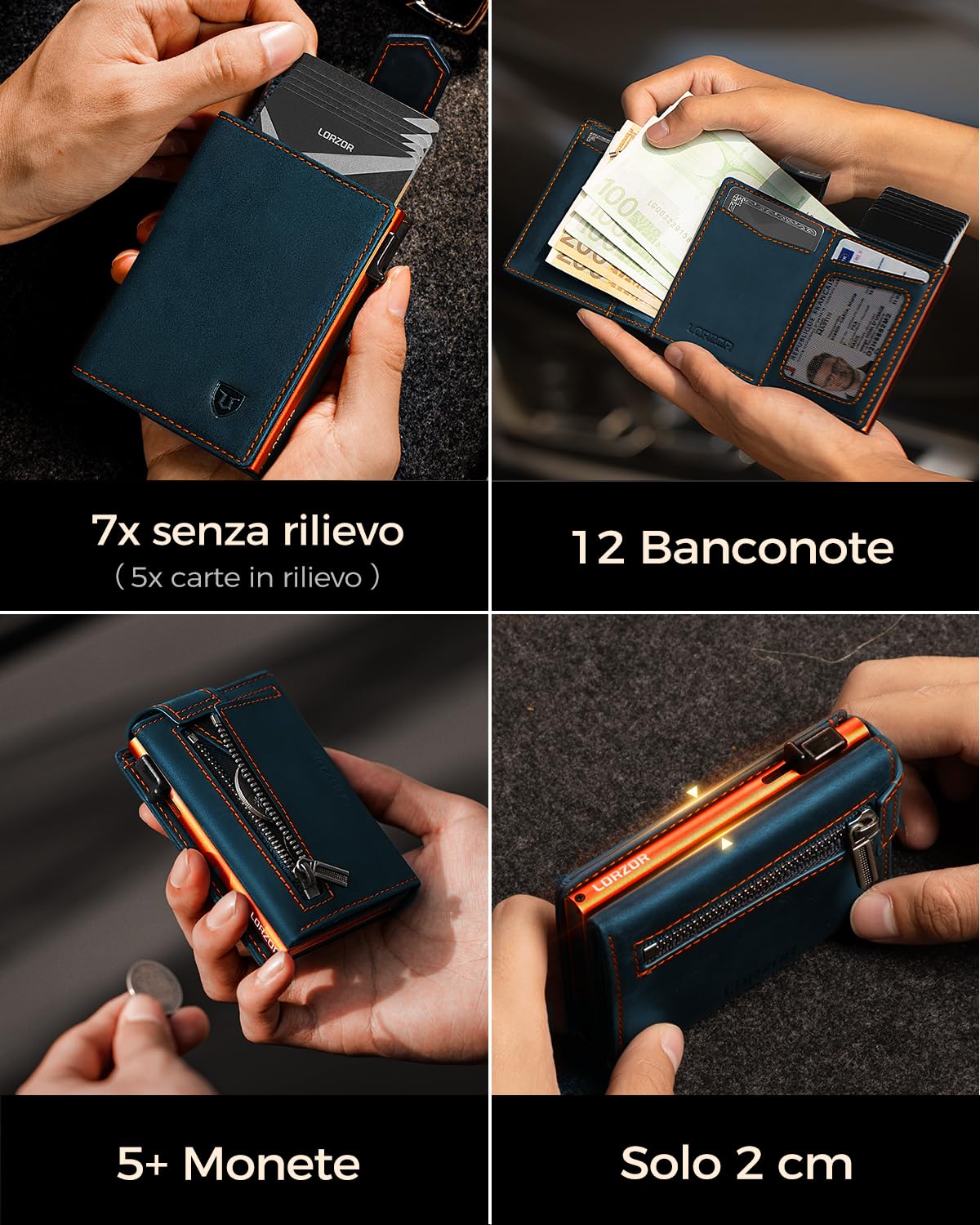 LORZOR® Portafoglio Uomo Slim vera Pelle, Porta Carte di Credito con Protezione RFID & Portamonete, Portacarte Uomo Pop-up Contenere 10 Carte, Porta Tessere Tascabile, Magnetica
