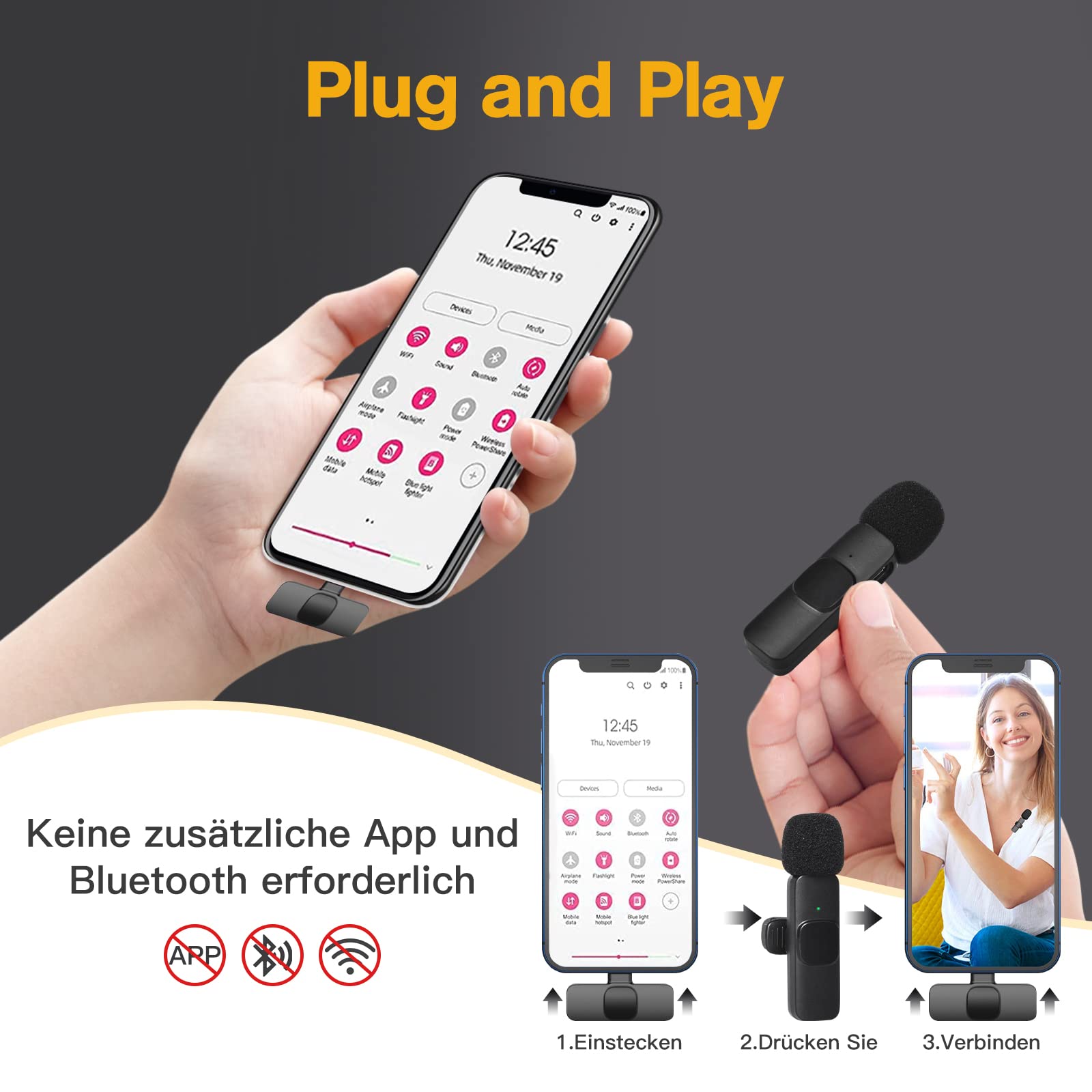 Lavalier Mikrofon, Wireless Mini Mikrofon für iPhone, iPad, Android, Laptop, Wireless Microphone Ansteckmikrofon Kabellos für Videoaufnahmen, Vlog, TikTok, YouTube, Live Streaming