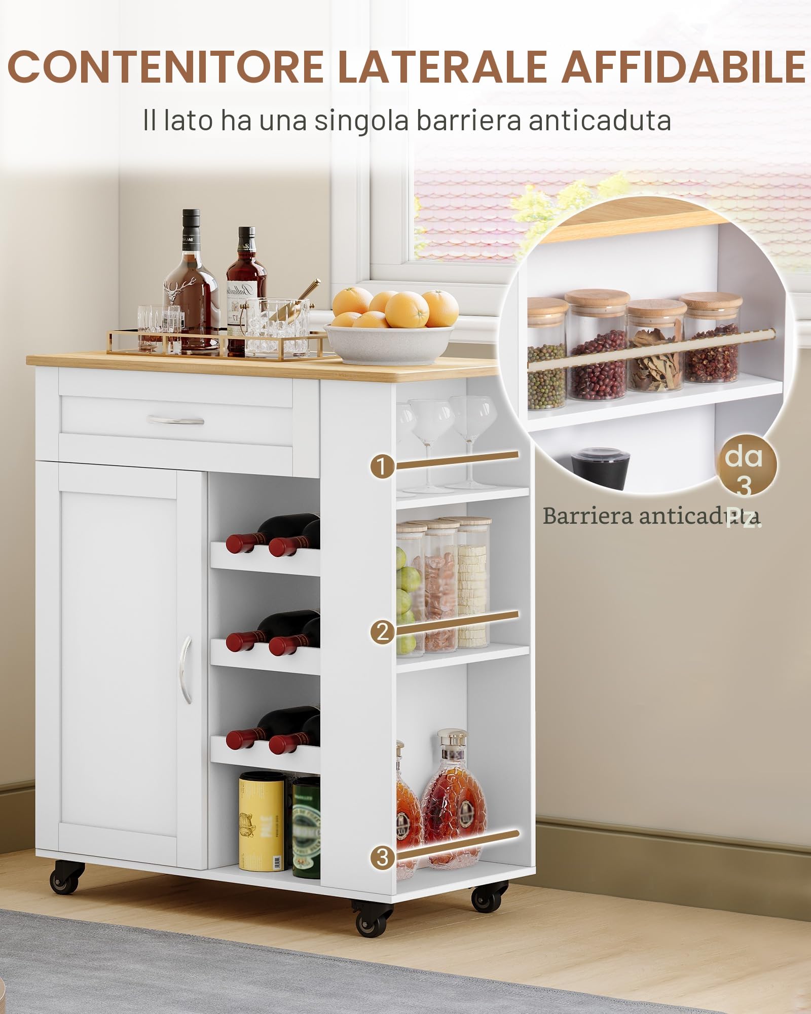 Hzuaneri Carrello Cucina, Mobile Cucina, Scaffale 3 Ripiani con Espositore per Vino, Mobile Multifunzione con Ruote, per Cucina, Soggiorno e Sala da Pranzo, 40 x 68 x 86 cm, Bianco ST03003W