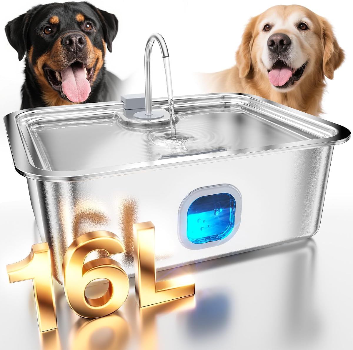 4.2Gal Dog Water Fountain for Large Dogs, 16L Stainless Steel Large Dog Fountain Water Bowl with Deeper & Wider Drinking Tray, Automatic Pet Water Dispenser with Visible Window for Multi-Pets Families