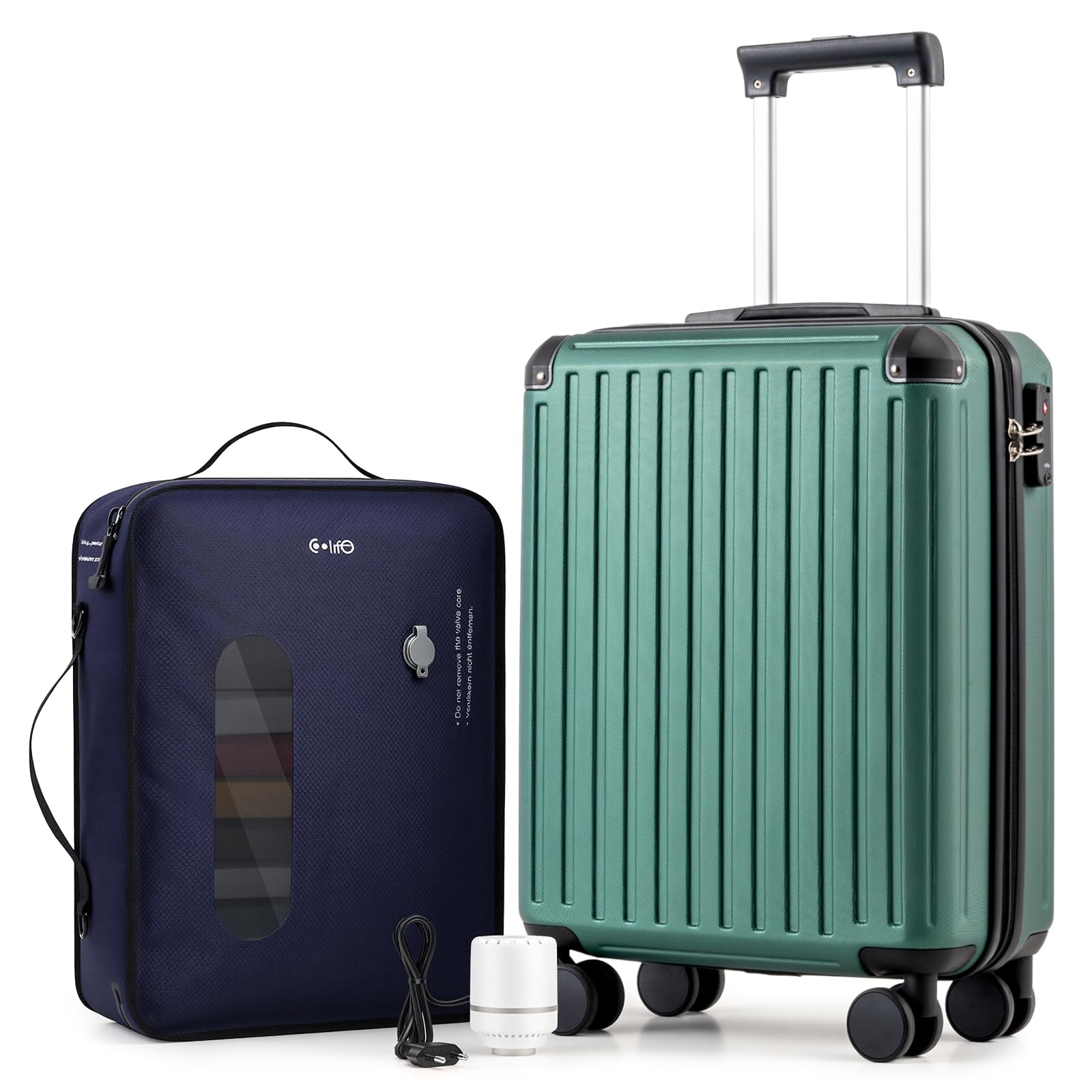 COOLIFE Easyjet Vakuum Handgepäck Koffer 55X40X20cm + Vakuumbeutel für Kleidung +60% mit Pumpe | ABS+PC Hartschalenkoffer mit TSA-Schloss und 4 Zwillingsrollen Für Ryanair, Grenzüberschreitende Reise