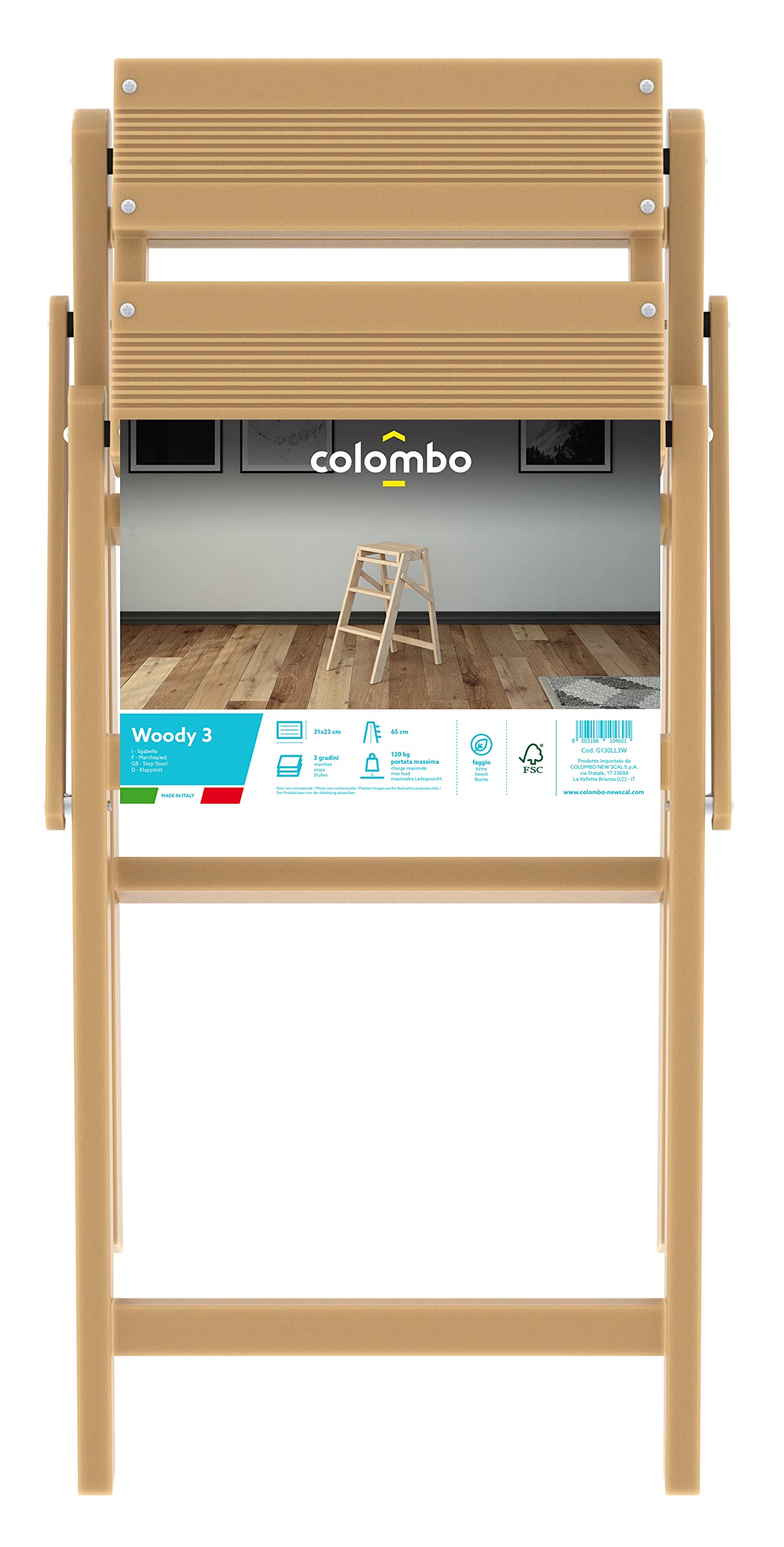 Colombo Sgabello Woody | Sgabello Pieghevole in Legno di Faggio, Scaletta 3 Gradini | Portata 120kg | Made in Italy