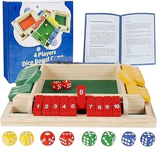 SDYGDB 4 Player Shut the Box Wooden Board Games for Kids Adults 4-Sided Shut the Box Game Set with 8 Colored Dices Educational Learning Dice Games for Family Party Pub Bar