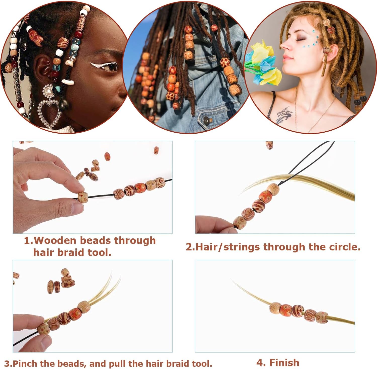 Wooden Beads, 12mm Round Natural Printed Wood Bead Macrame Large Hole Beads,Various Pattern Loose Spacer Hair Braid WoodBeads for DIY Jewelry Making Bracelet Necklace Hair DIY Decor (200)