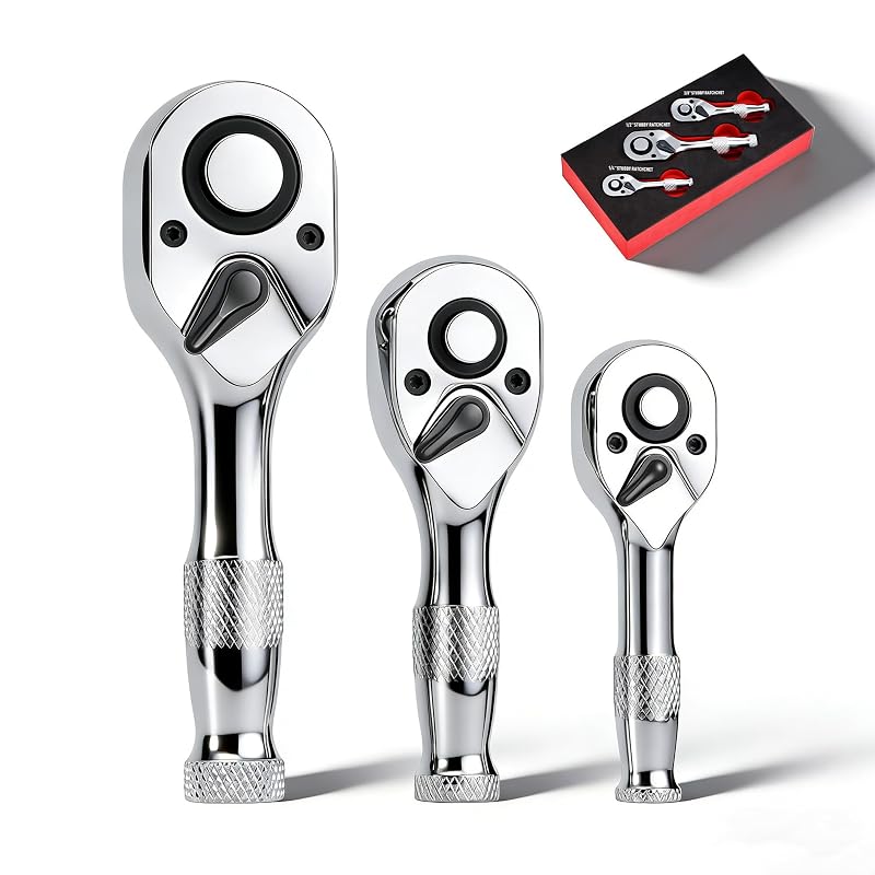 Kit de Chaves Catraca Curtas AutoViteX com Encaixes de 6,35 mm, 9,5 mm e 12,7 mm, 72 dentes, 3 peças