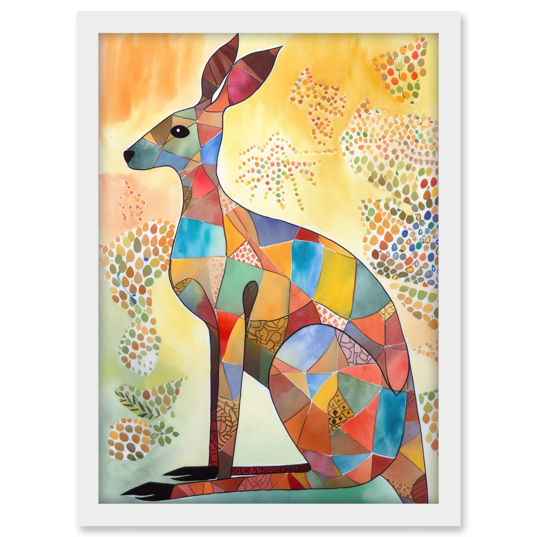 Artery8 Multicoloured Kangaroo Folk Art Watercolour Painting Artwork Framed A3 Wall Art Print