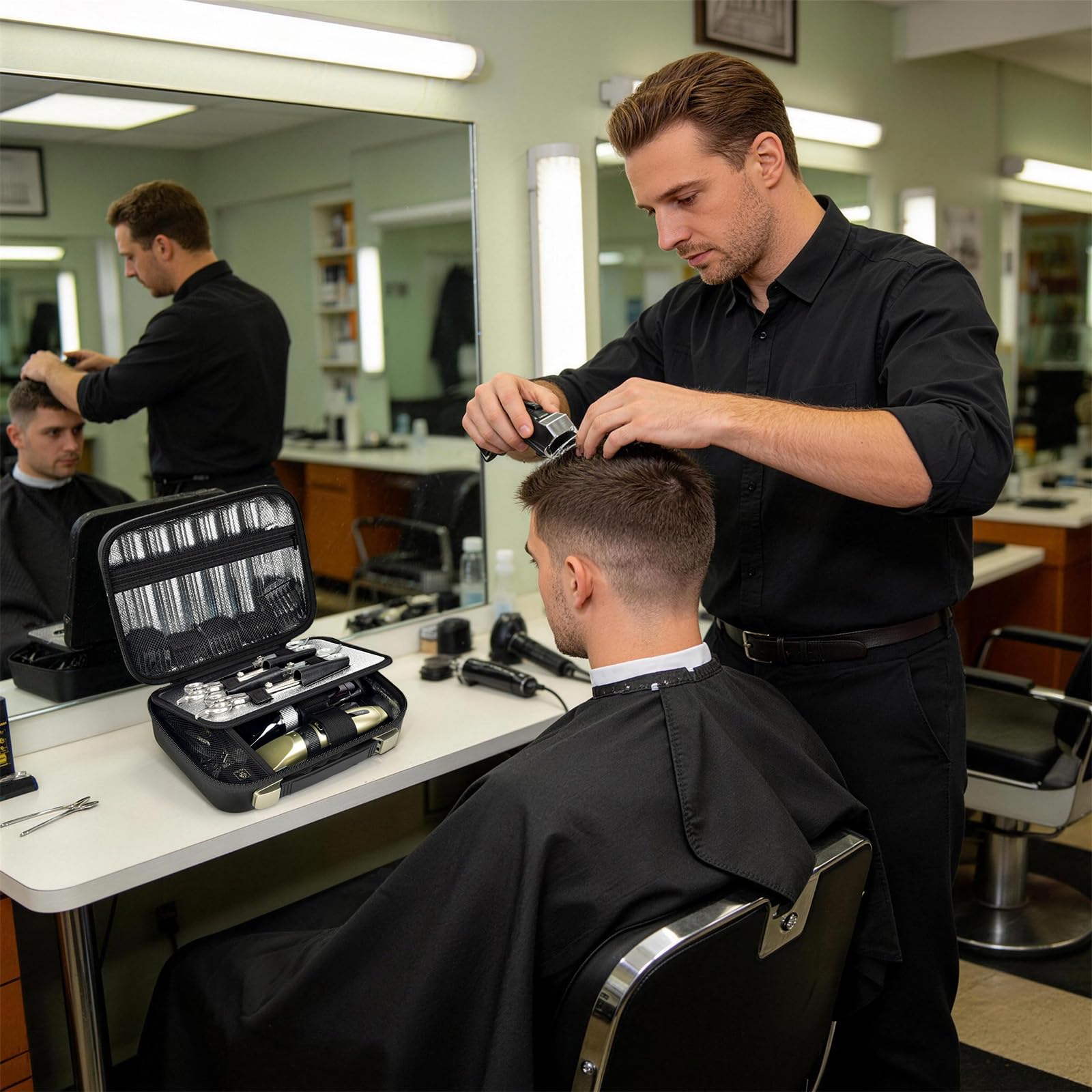 ANKHOH Friseurtasche mit leicht reinigen Aluminiumfolie Futter, Harte Eva Organizer Tasche für 3 Clippers & 4 Scheren, passt für Wahl/für Andis/für Ufree und die meisten Trimmer (Black) (schwarz)