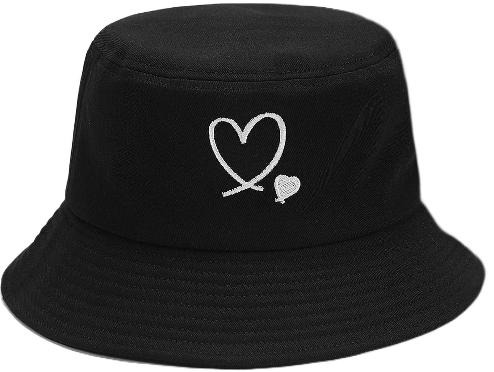 XYIYI Double Heart Black Fashion Embroidery Bucket Hat Cotton Beach Fisherman Hats for Women Girls