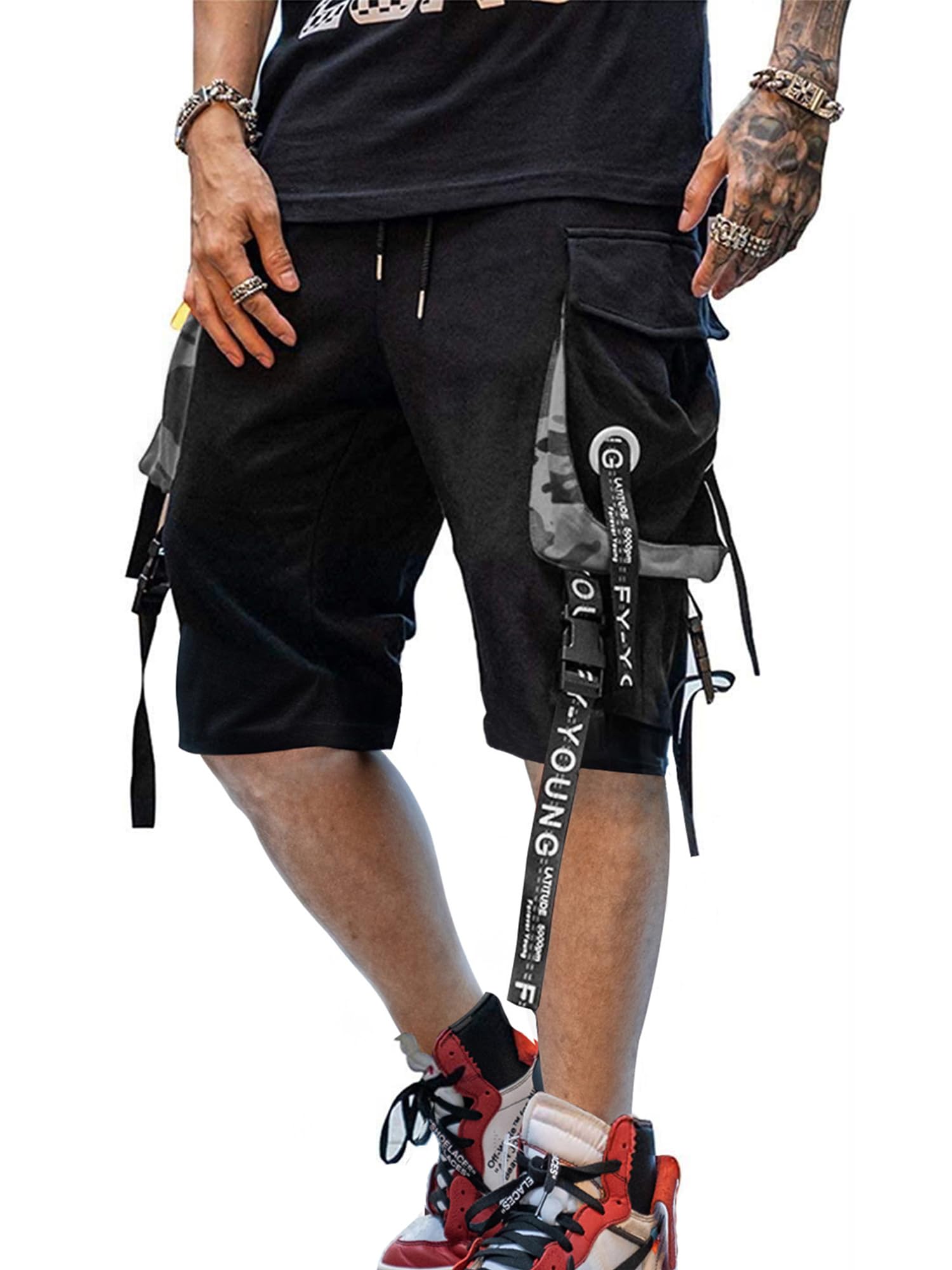 Hello MrLinTechwear Cargo Shorts for Men Drawstring Summer Beach Stretch Hip Hop Cyberpunk Joggers Gothic Japanese Tech Wear Pants Outdoor Shorts with Pockets