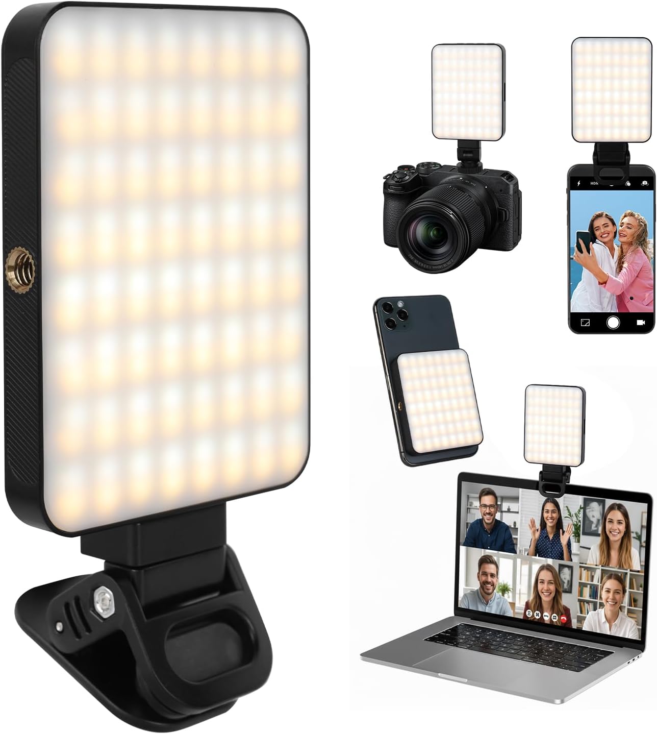 AiQInu Portable Selfie Light with Phone Clip, 128 LED 3 Video Light Modes, Flash Light for Phone 2000 mAh, Rechargeable Cri 95+, Photo Light, for iPhone, iPad, Laptop, Camera