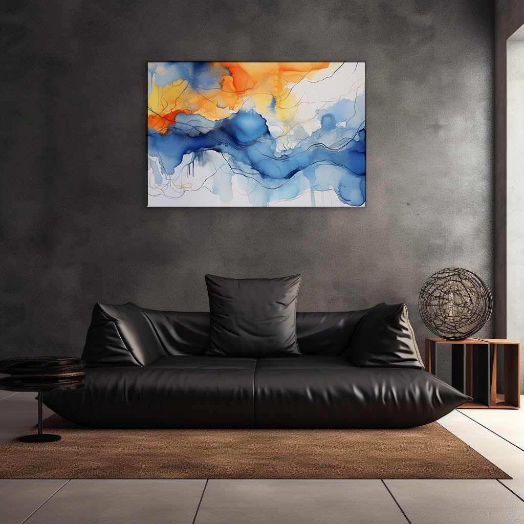 Canvas for Living room. Vivid Energy Unleashed: An Abstract Symphony in Blue, Orange, and White, 27 x 18 inch Canvas Wall Art - Contemporary Masterpieces - Modern Home Decor