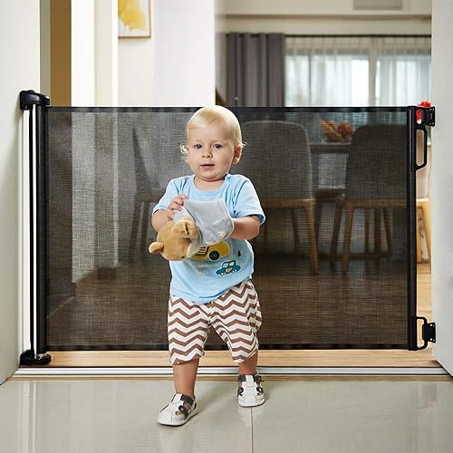 Miniatura 9 de EasyBaby Puerta retráctil para bebé, 33 pulgadas de alto, se extiende hasta 55 pulgadas de ancho, puertas de seguridad para bebés negros/niños,