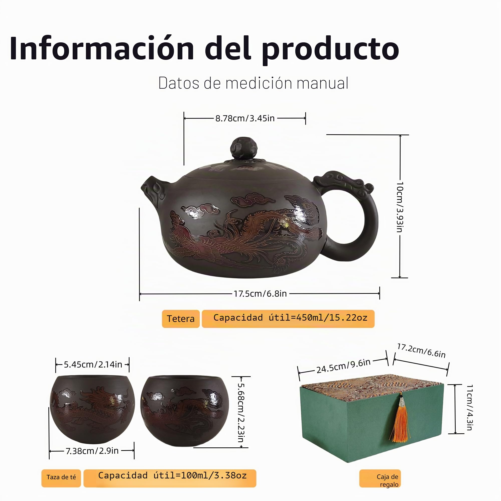 Juego de Tetera Yixing Zisha 450ML, Grande Tetera China de Arcilla con Caja de Regalo, Servicio de Té Que Cambia de Color Kung Fu con 2 Tazas, Dragón y Fénix