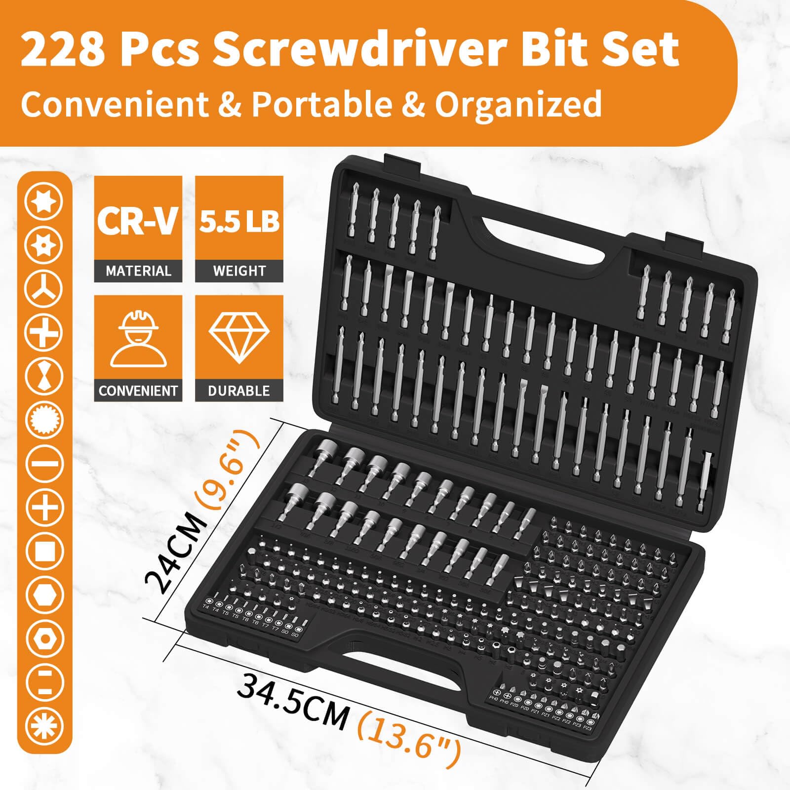 ENERTWIST Zestaw bitów do wkrętaków, CR-V 1/10.2 cm, z chwytem sześciokątnym, zawiera rzadkie bity zabezpieczające, nakrętki i magnetyczny uchwyt bitowy, najlepszy zestaw bitów z solidną skrzynką