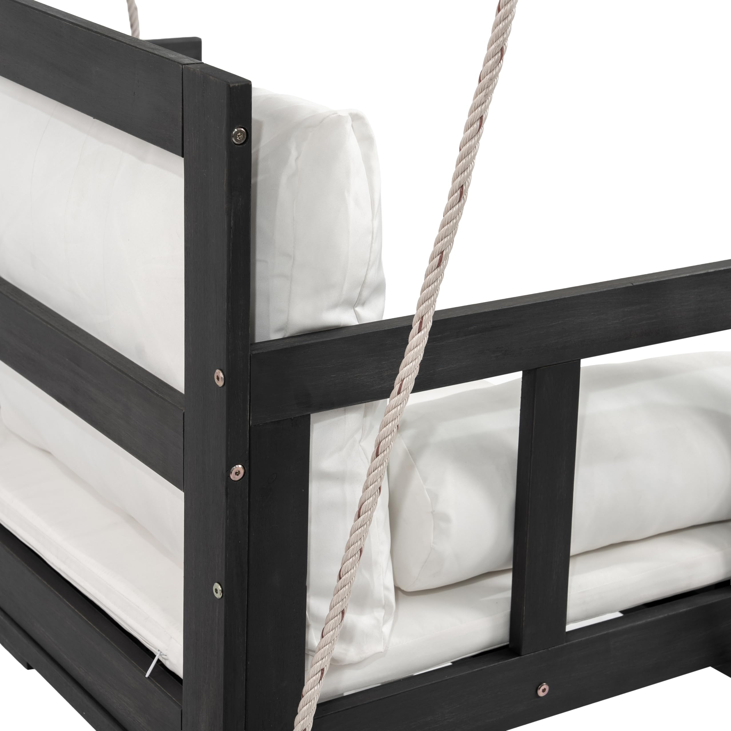 Schaukel-Doppelsitz, Hängeschaukel für den Garten im Freien, Inklusive Kissen und Zwei Seilen, Gestell Nicht enthalten. Das Kissen ist abnehmbar und waschbar. Aus Akazienholz (schwarz+beige)