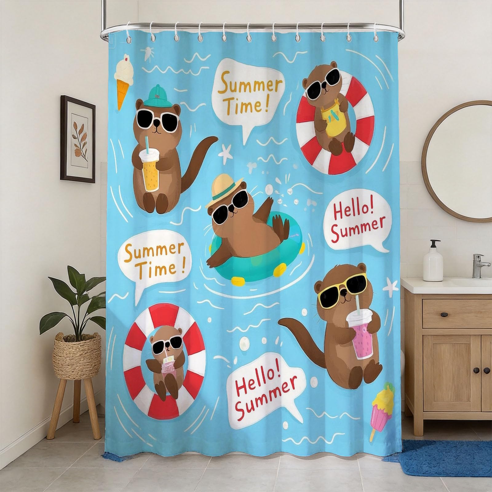 Hongduo 3D Summer Otter Shower Curtain for Stalls Bathtubs Summer Bathroom Decor Shower Curtain Set Polyester Fabric Waterproof 120x180cm/48X71 Inch with Hooks