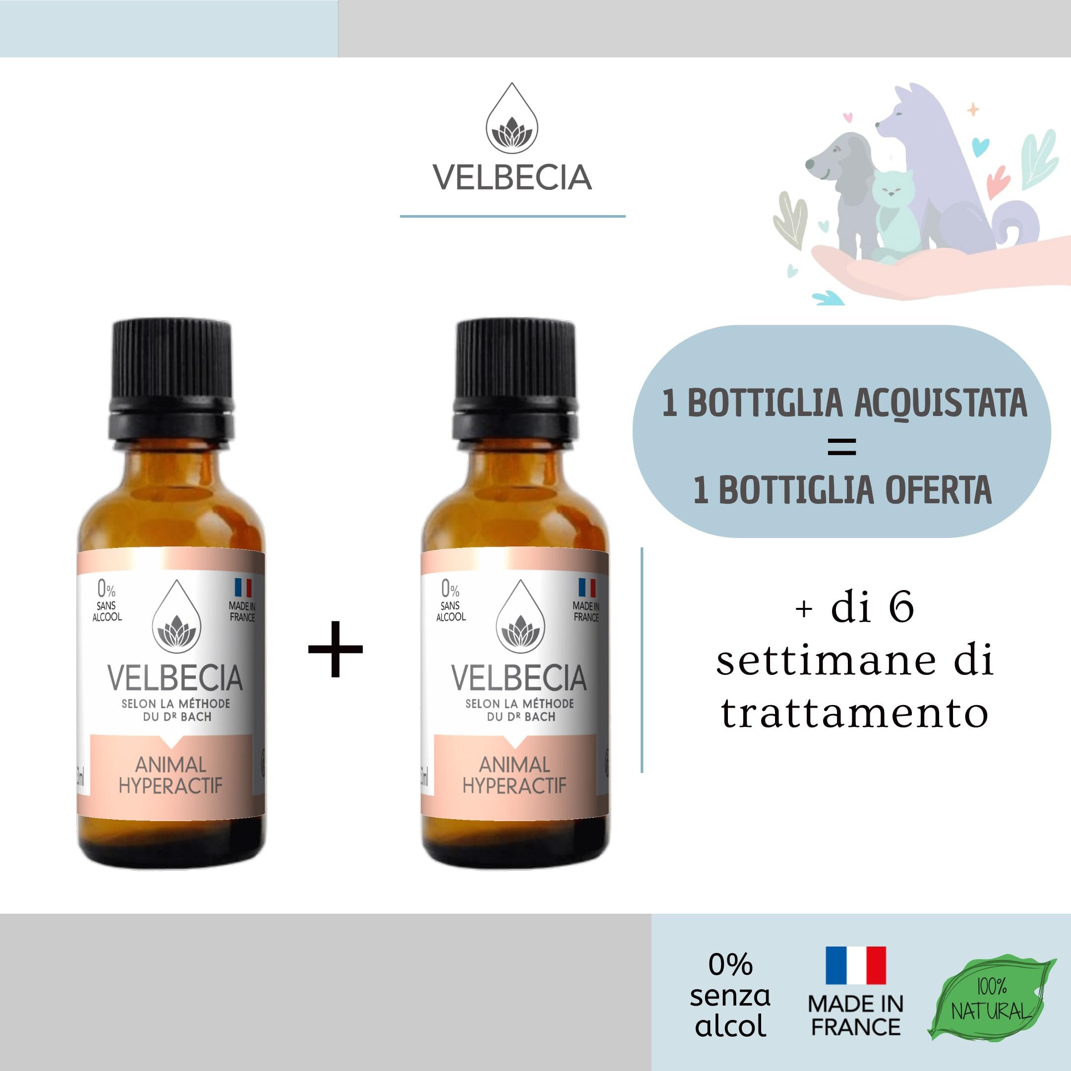 Velbecia® - Dr Bach Flowers Animale iperattivo 30ml +1 GRATIS - SENZA ALCOL - Affinché il tuo animale sia meno agitato, più attento a te