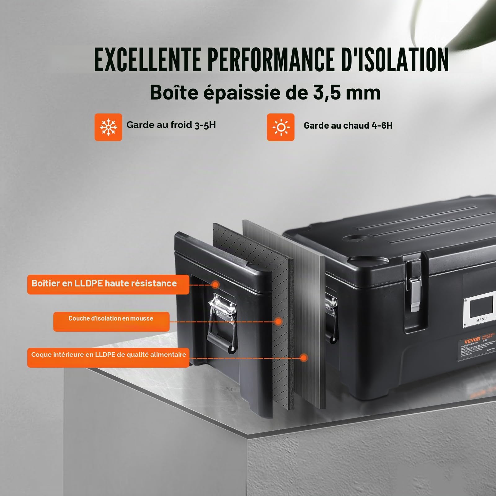VEVOR Conteneur Isotherme 30 L, Boîte de Transport en LLDPE à Chargement par le Haut, 3 Bacs Alimentaires en Inox, pour Garder au Chaud ou Froid Traiteur Restauration Restaurant Cantine 627x430x610 mm