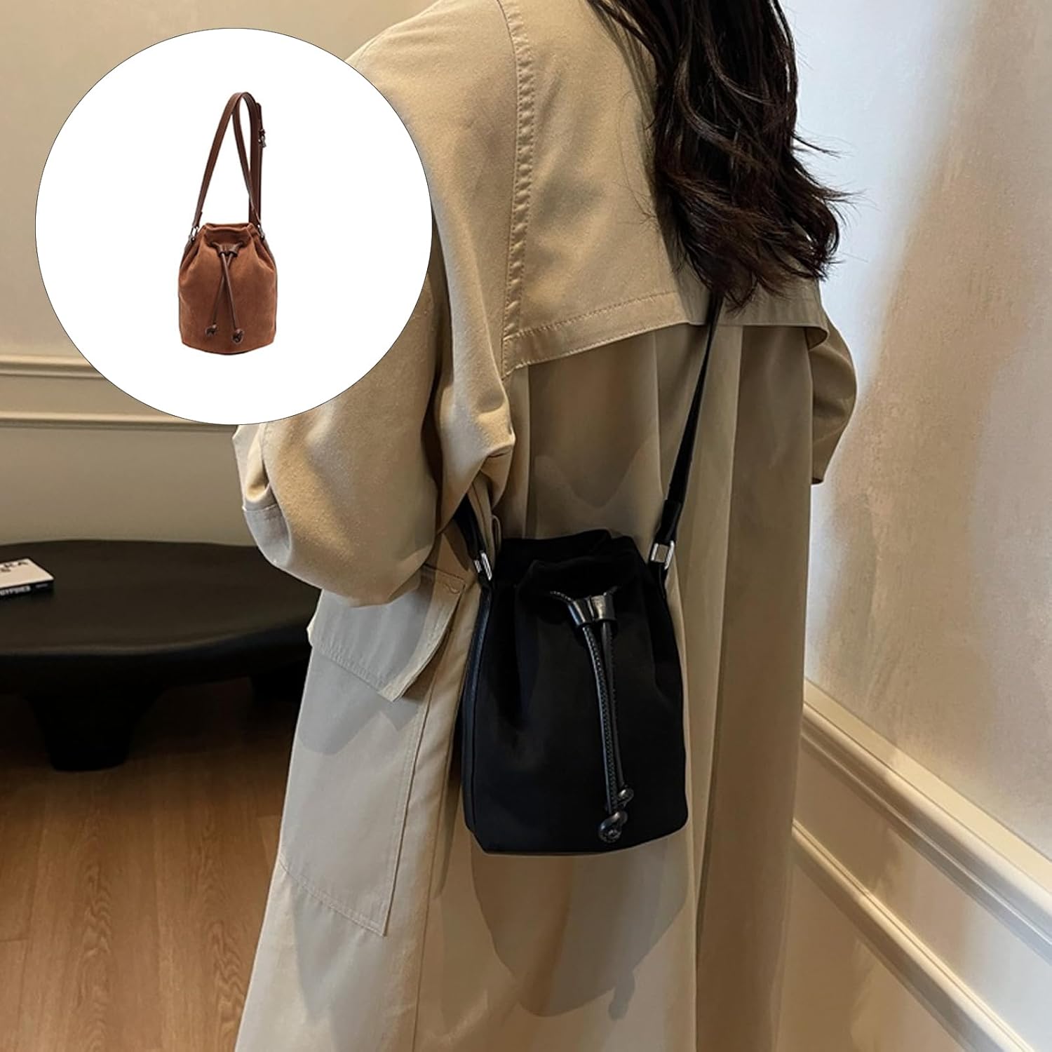 Retro Suedes Bucket Bag With Adjustable Drawstring Closure Fashion Crossbody Bag Phone Pouches For Everyday Essential - Image 2