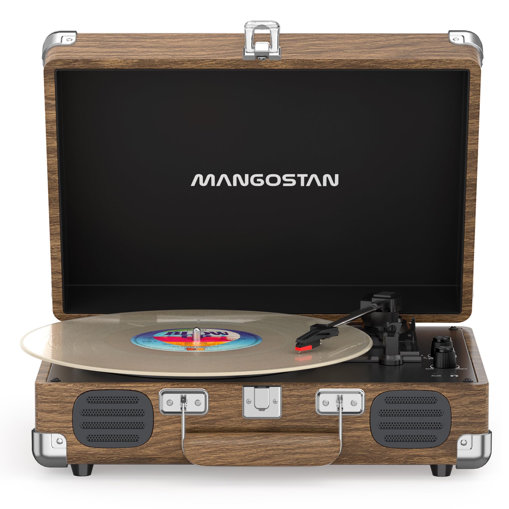 Tourne-disque Bluetooth vintage avec haut-parleurs intégrés, tourne-disque à 3 vitesses, arrêt automatique, entrée RCA et AUX-in, prise casque, lecteur LP rétro valise - Grain de bois
