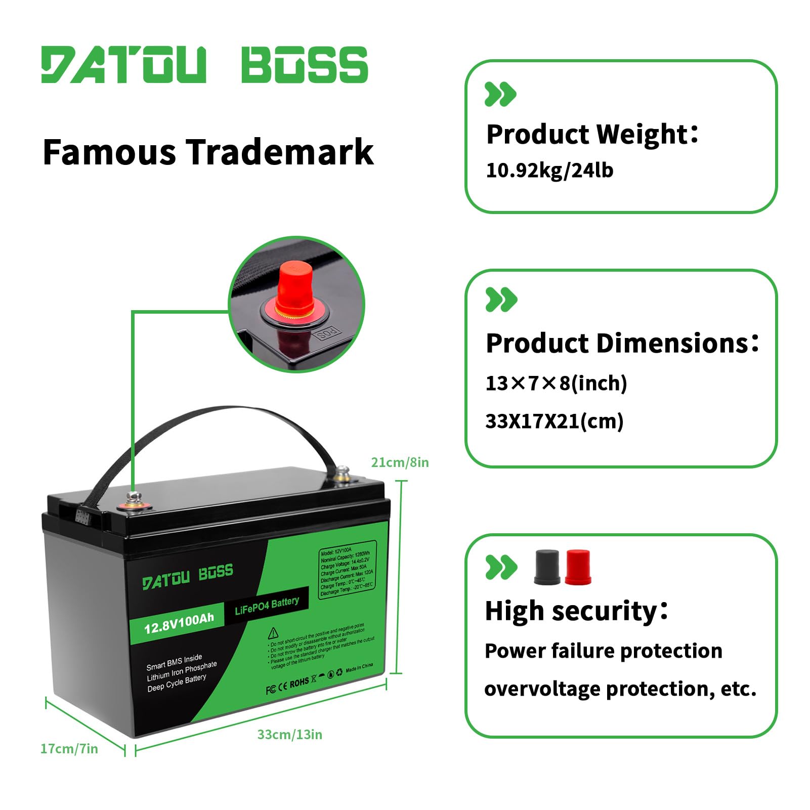 DATOUBOSS 12V 100Ah LiFePO4 Battery 100A BMS 8000+cycles Deep Cycle Lithium Battery MAX 1280W wsparcie mocy w połączeniu szeregowym/równoległym