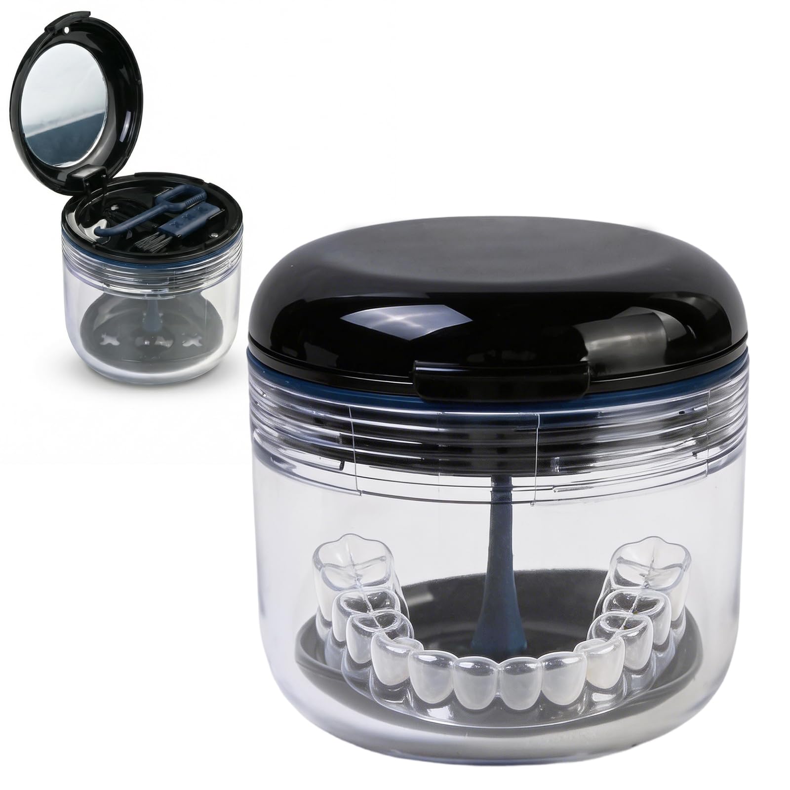 Retainer Case with Strainer Basket, Leak Proof Denture Bath Box for Travel, False Teeth Container Soaking Cup, Orthodontic Aligner & Mouth Guard Holder, Cute Dental Cleaning Kit Accessories