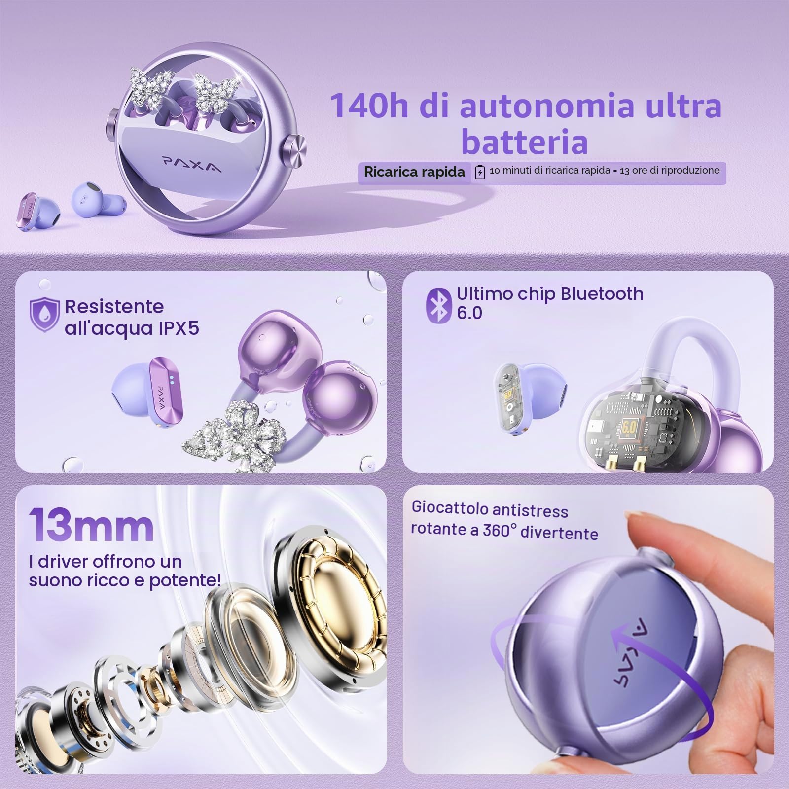 PAXA 3 in 1 Cuffie Open Ear Clip-on con Orecchini Farfalla Diamanti Rimovibile– Auricolari Bluetooth 6.0, Audio HiFi, 140H, Elegante Design Aperto, Ideali per Lo port e Tempo Libero, Ctbuds Viola